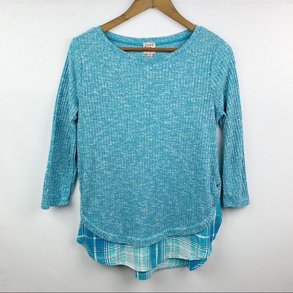 Como Vintage Sweater Scalloped Plaid Layered Shirt